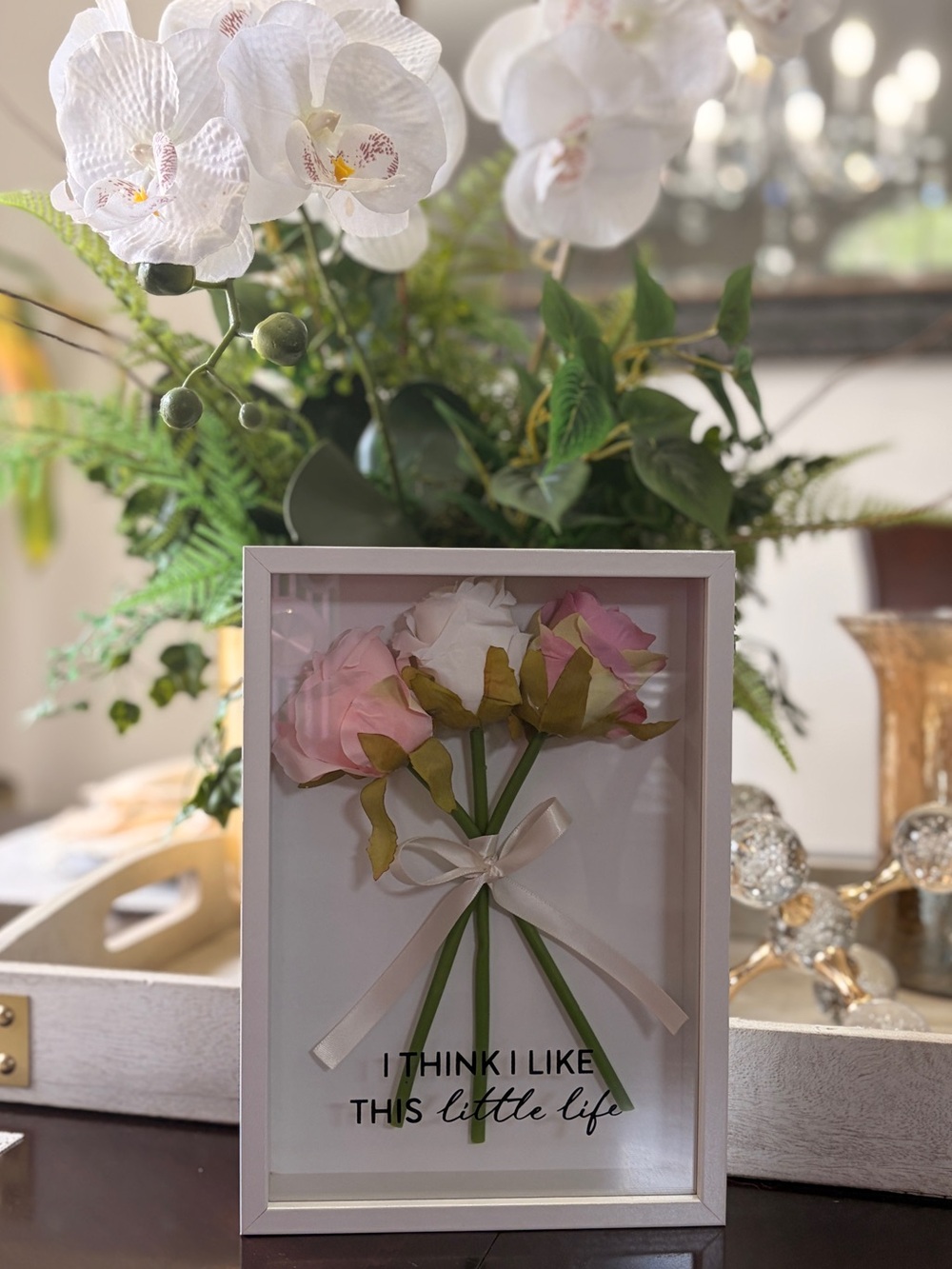 Framed Floral Shadow Box Sign - Pink & White Roses